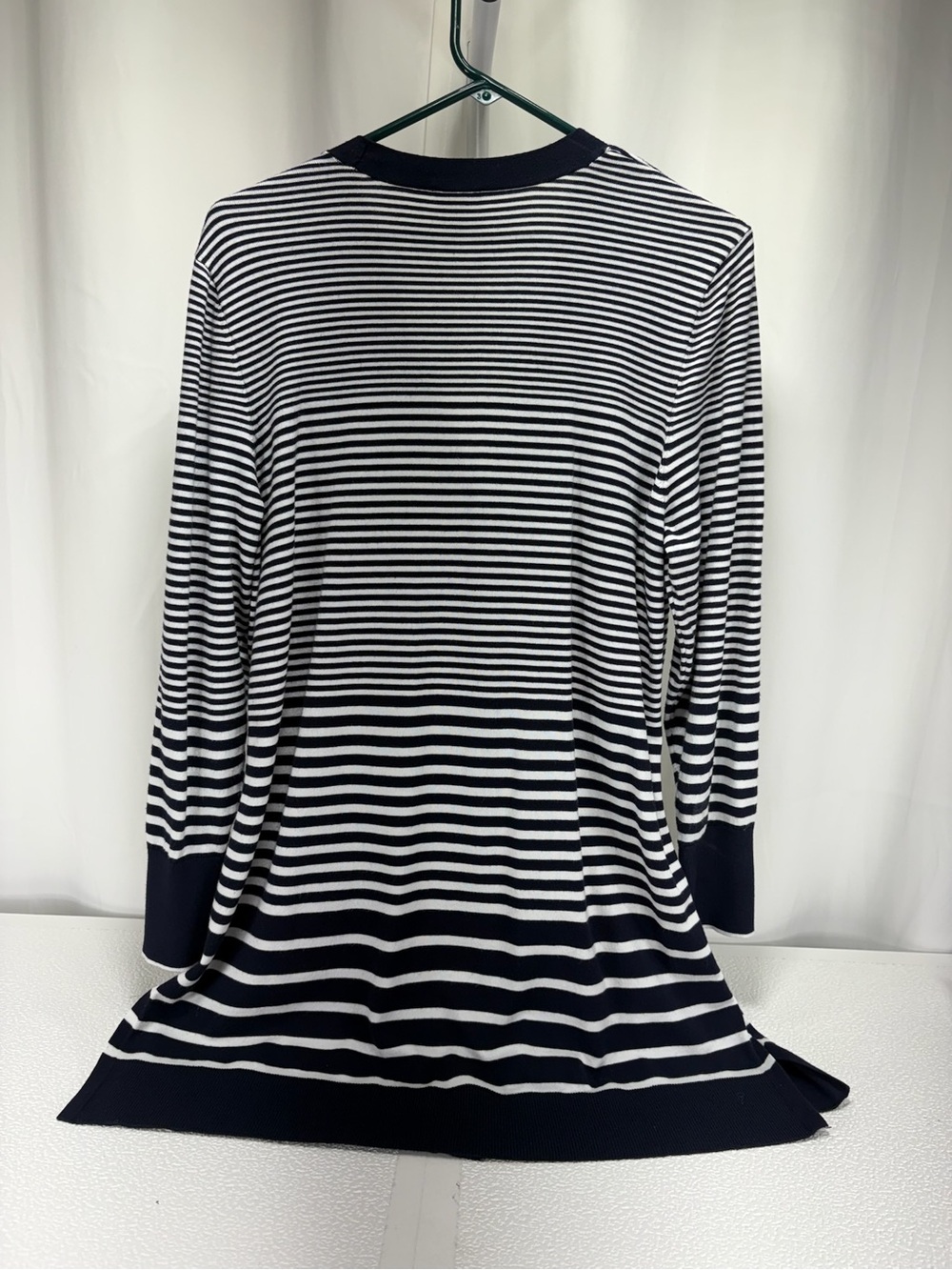 Chico's Navy and White Striped Long Cardigan 4652 - Picture 2 of 10